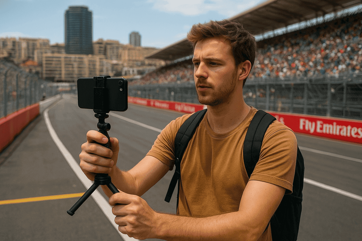  Content creator on a pit lane filming a short race clip with a smartphone