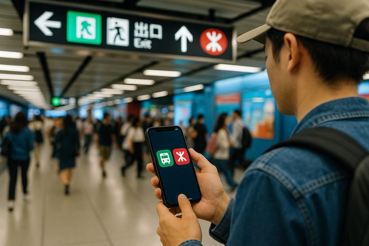 Traveler reviewing Hong Kong transport apps on a phone inside an MTR station