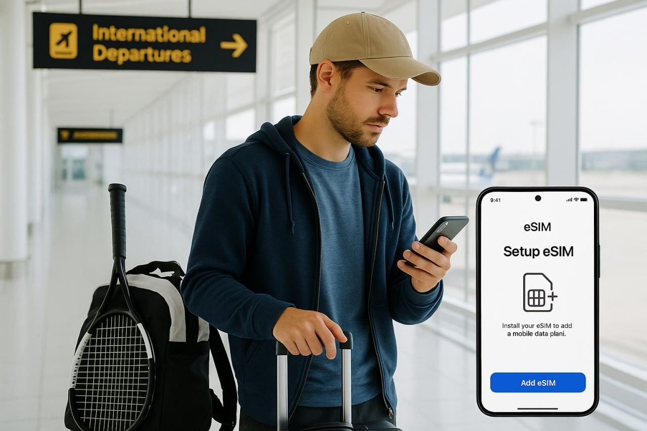 traveler at an international airport checking phone with eSIM setup screen
