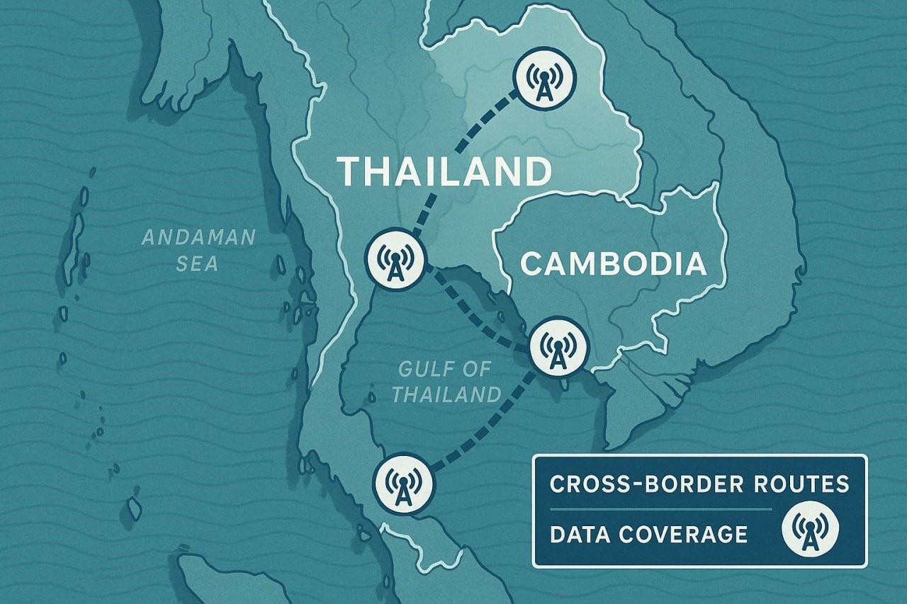 Digital map of Thailand and Cambodia showing cross-border routes with icons for data coverage