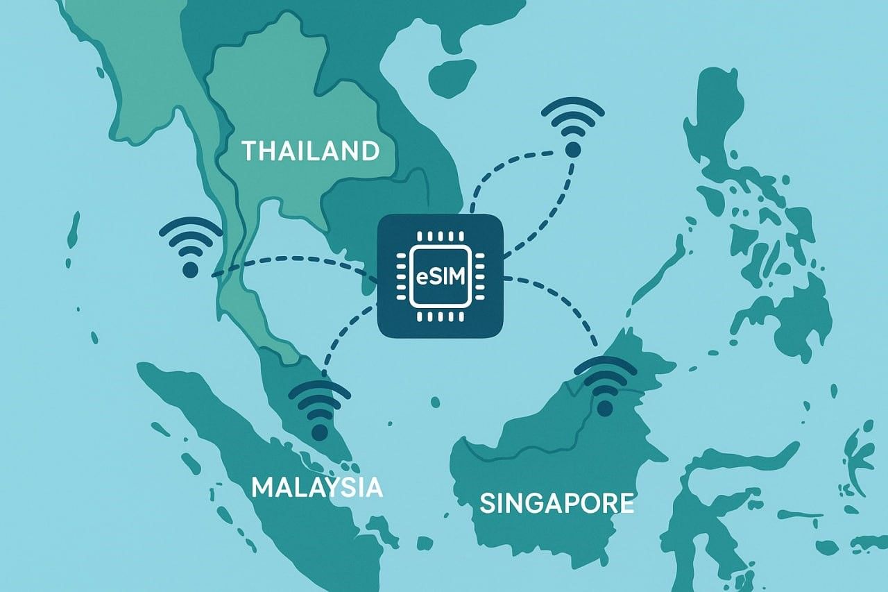 Illustration of a multi-country digital map of Southeast Asia showing Thailand