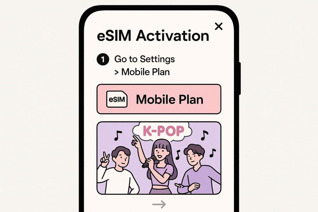 Illustration of a phone screen displaying eSIM activation steps with a K-pop themed interface