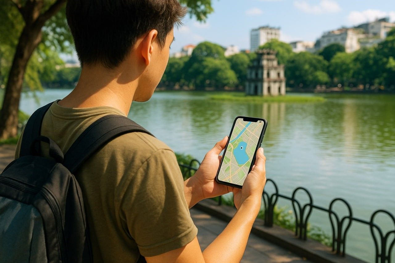 Traveler holding phone with digital map near Hoan Kiem Lake