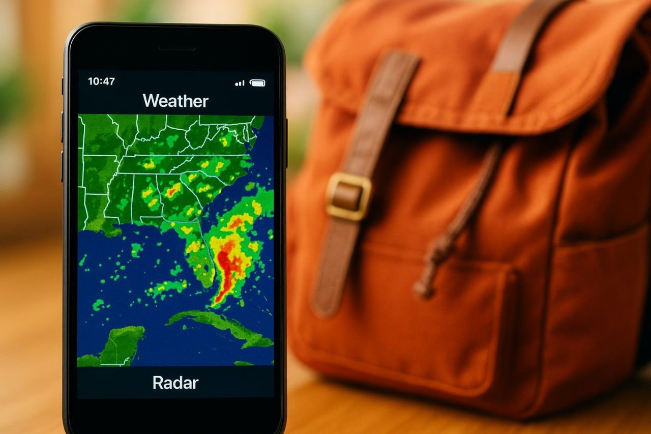 Close-up shot of a phone displaying radar-style weather map