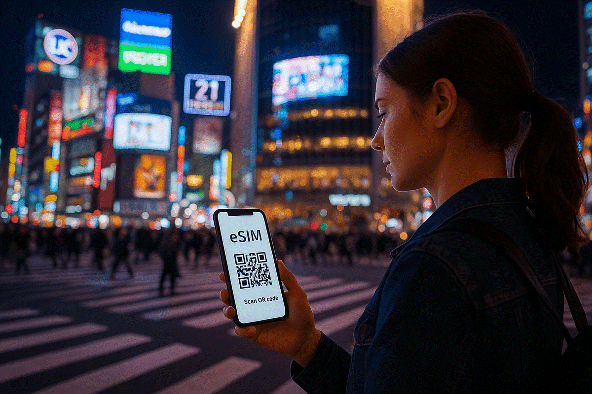 A person scanning an eSIM QR code on their phone with Shibuya Crossing glowing in the background at night.