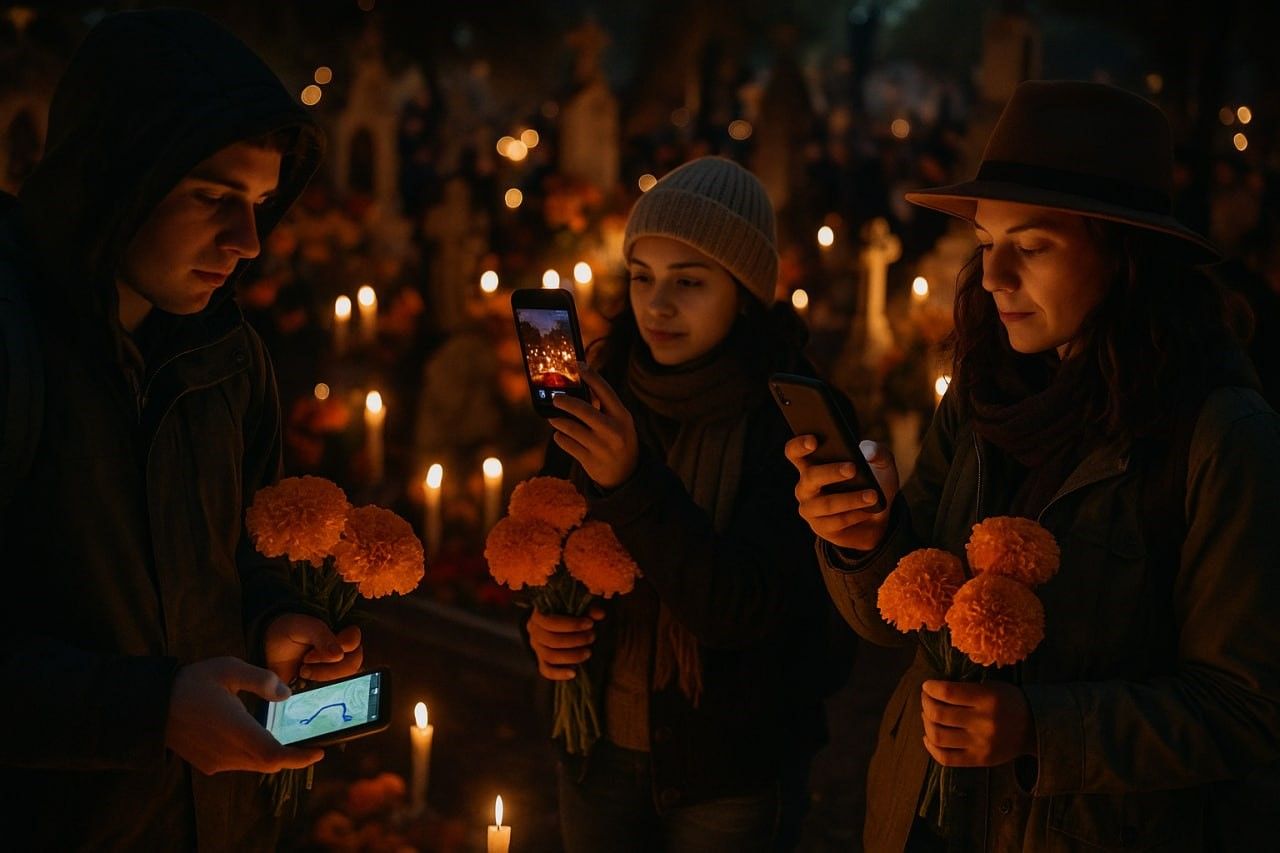 Travelers holding marigolds and smartphones in a candlelit cemetery during Día de los Muertos
