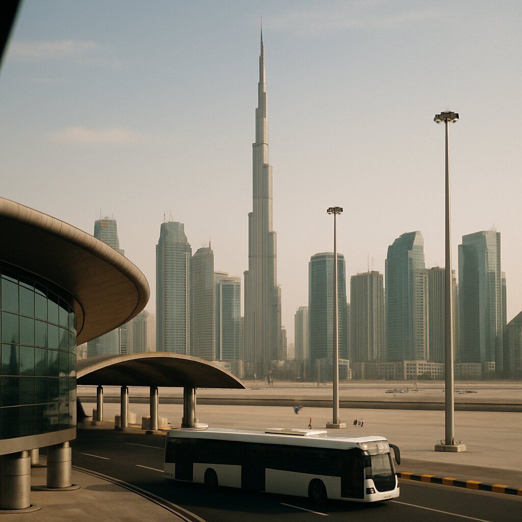 Traveler using a smartphone for navigation and translation in front of the Dubai Frame.