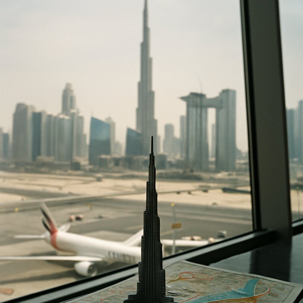 Close up of hands activating an eSIM profile on a smartphone with the Dubai skyline in the background.