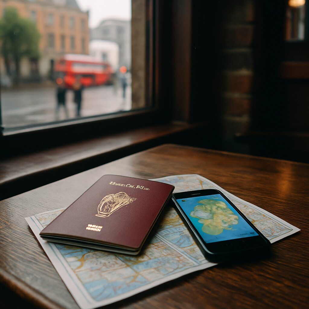 Passport and smartphone resting on a wooden table in a Dublin pub.
