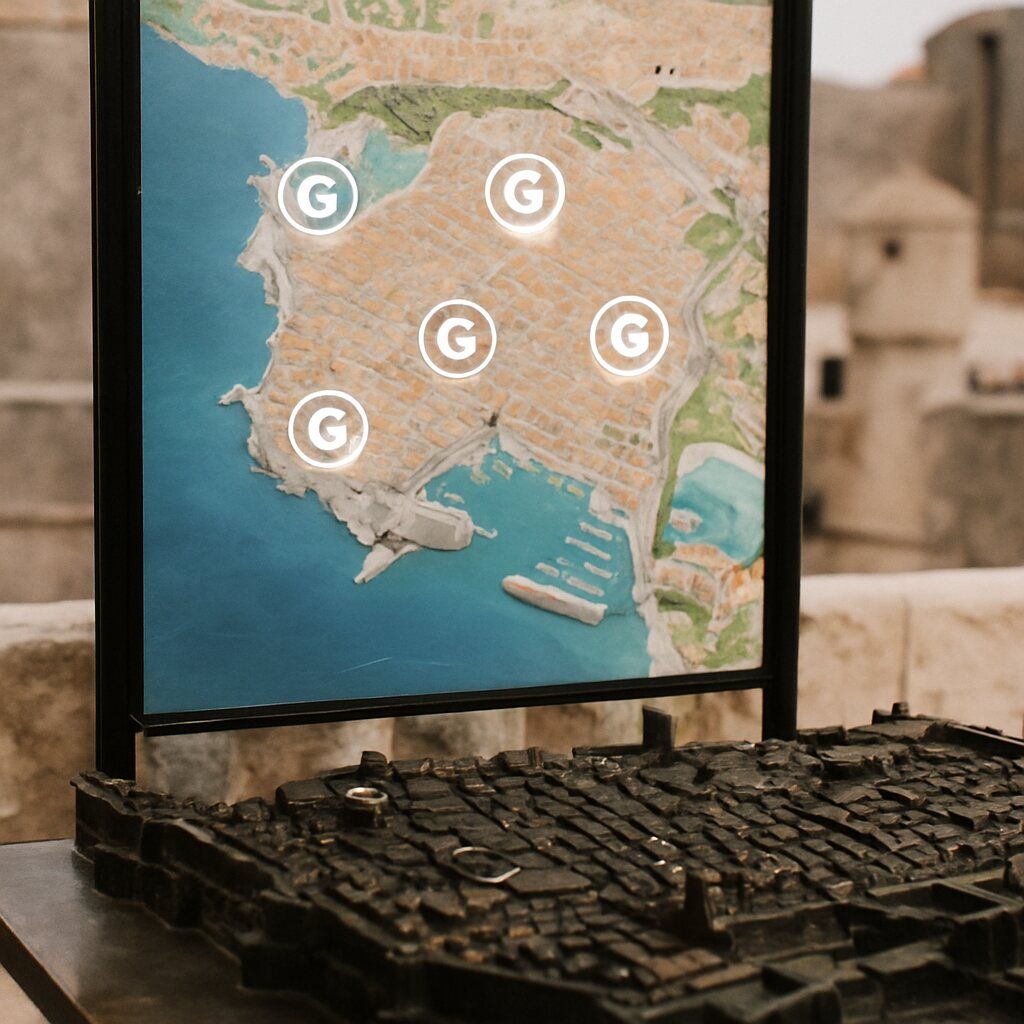 Hands holding a smartphone displaying an eSIM QR code at a sunny outdoor cafe in Dubrovnik.