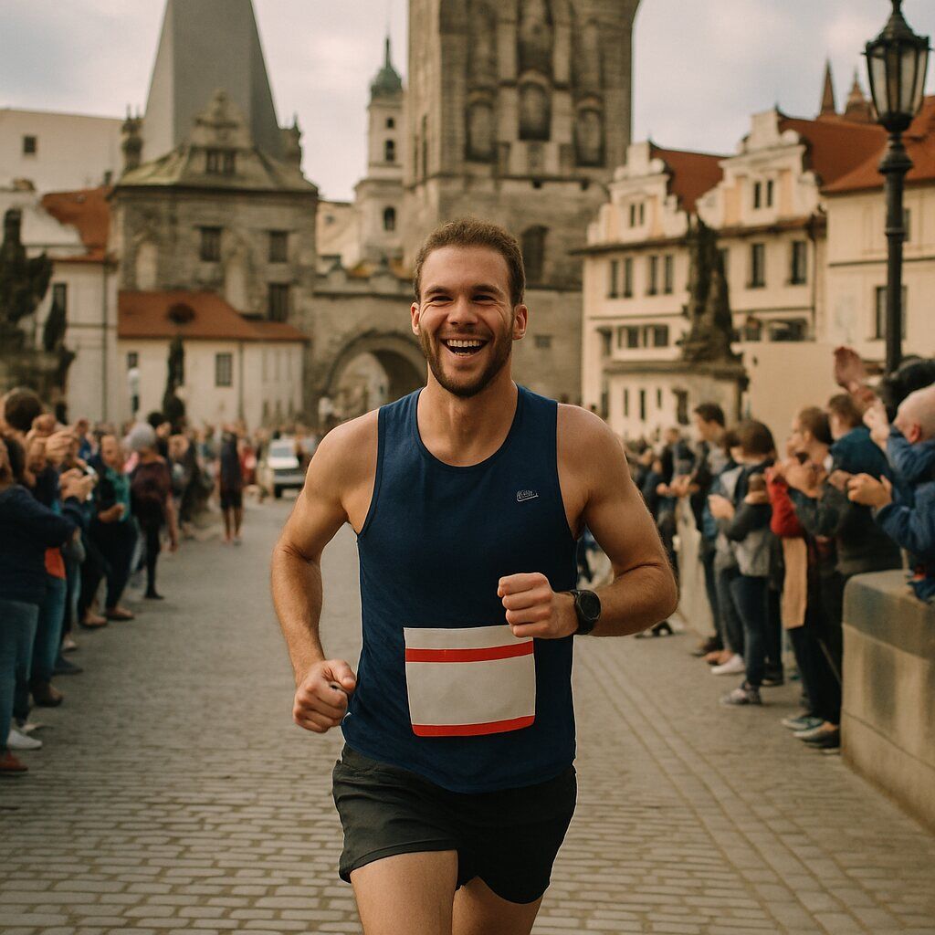 A marathon runner smiling while crossing a historic bridge in Europe, surrounded by cheering spectators.