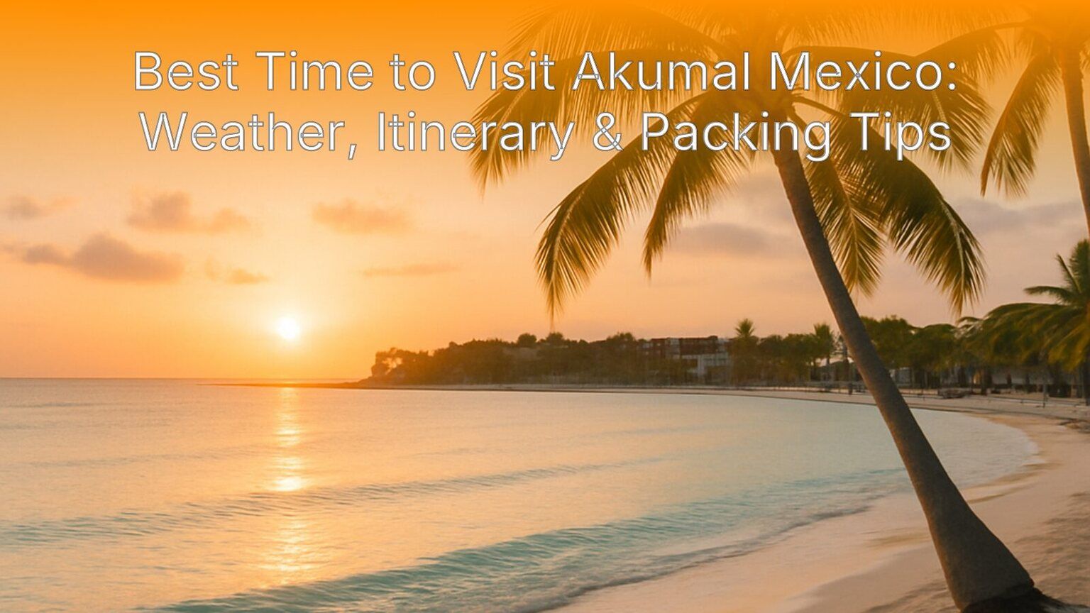 Serene wide-angle view of Akumal Bay turquoise water and white sand at sunrise with palm trees