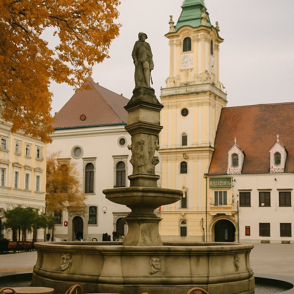 The Roland Fountain in Bratislava's Main Square surrounded by autumn foliage and historic buildings.