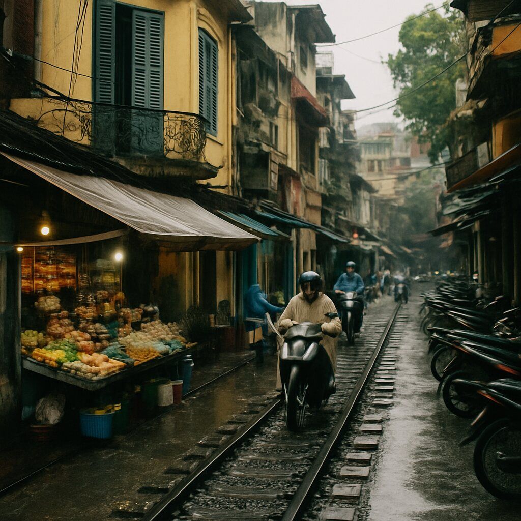 A bustling street scene in the Hanoi Old Quarter with motorbikes, colorful buildings, and street vendors.