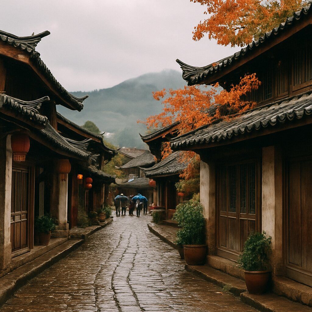 Traveler standing on a wooden bridge over a canal in Lijiang Old Town during autumn