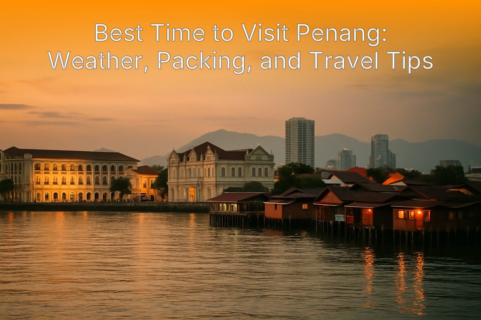Panoramic view of George Town Penang waterfront at dusk showing colonial architecture and clan jetties.