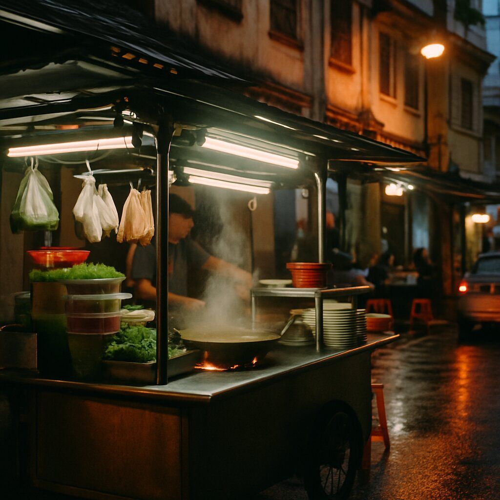 Close-up of a bustling hawker food stall in George Town Penang cooking local street food at night.