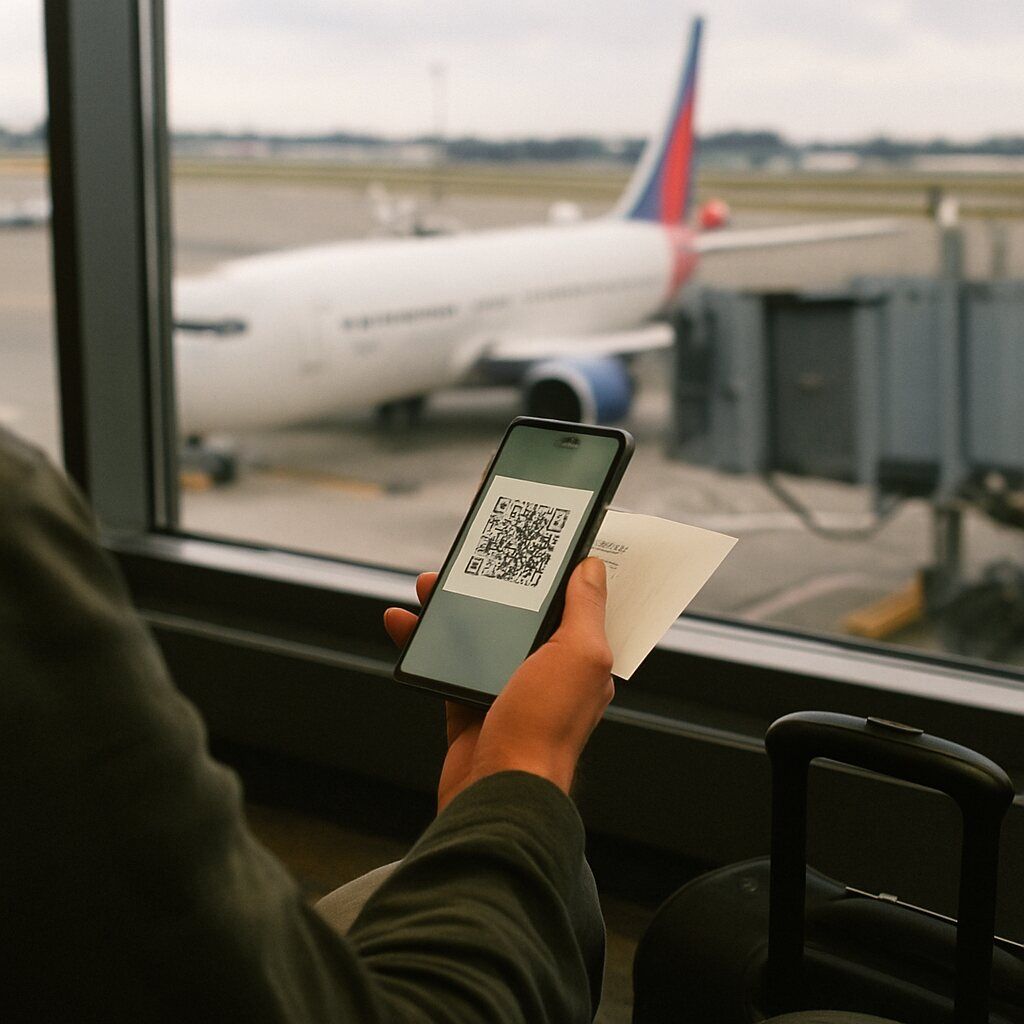 Activating a digital eSIM profile using a QR code at an airport gate."