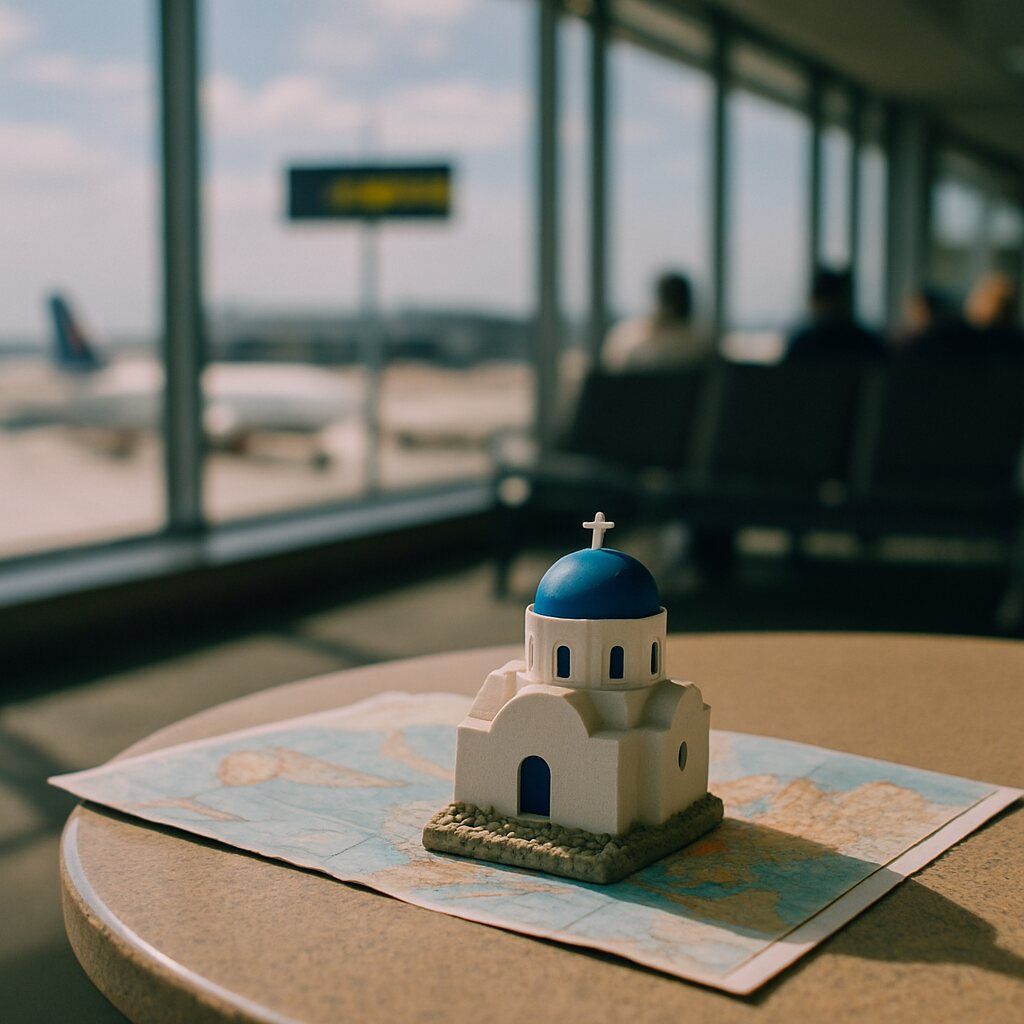 Hands holding a passport and SIM ejector tool at a Greek cafe table.