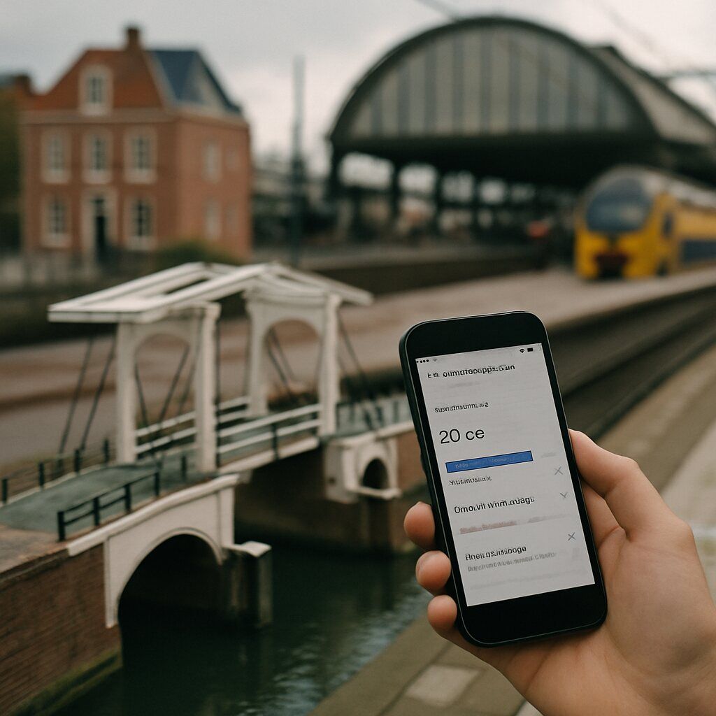 Checking mobile data usage on a smartphone at a Dutch train station.