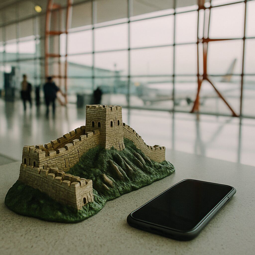 Close-up of a traveler holding a passport and a SIM card packet at an airport counter.