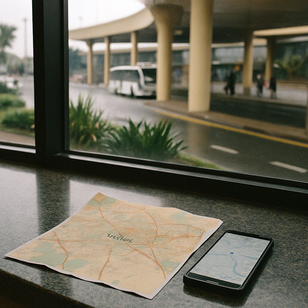 Tourist using a smartphone map application on a busy street in Nairobi, Kenya.