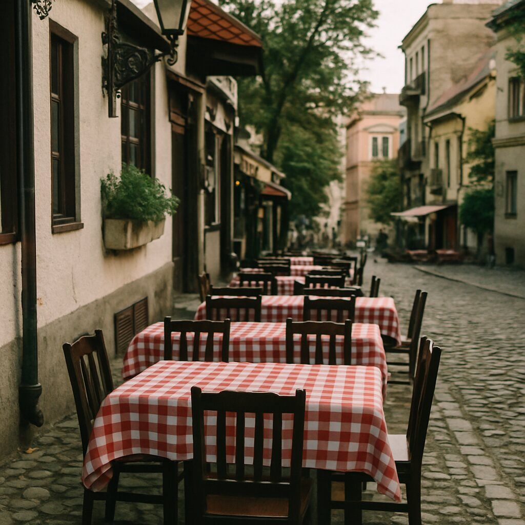 Traditional Serbian kafana restaurant tables on the cobblestone street of Skadarlija in Belgrade
