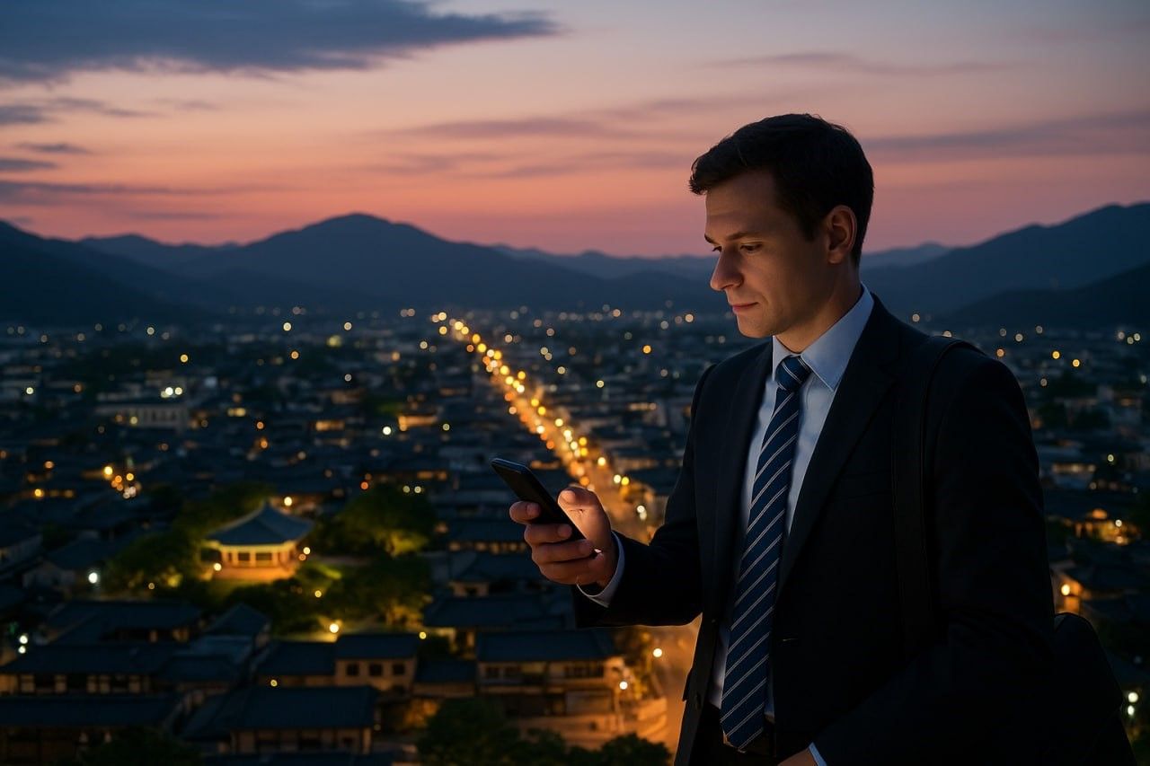A business traveler overlooking Gyeongju’s cityscape at dusk while checking connectivity on a smartphone