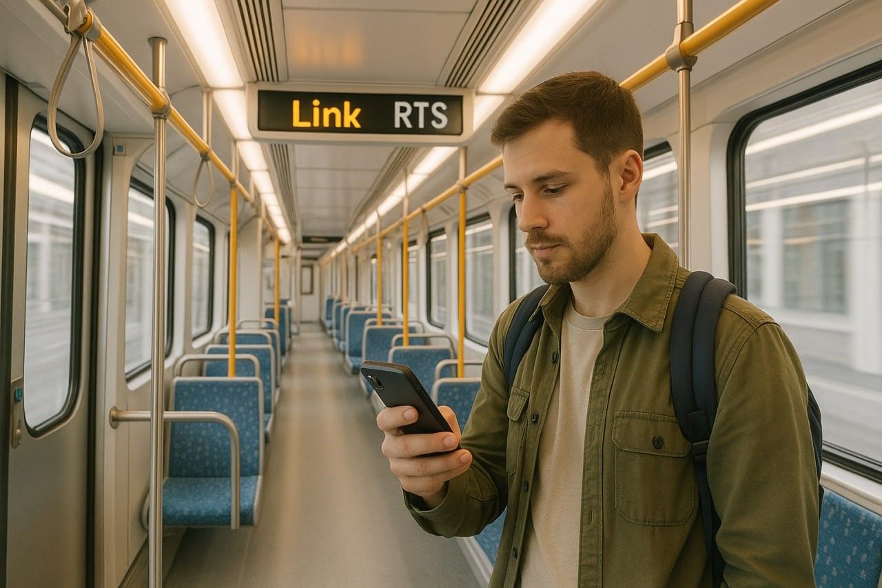 Traveler inside RTS Link cabin checking phone