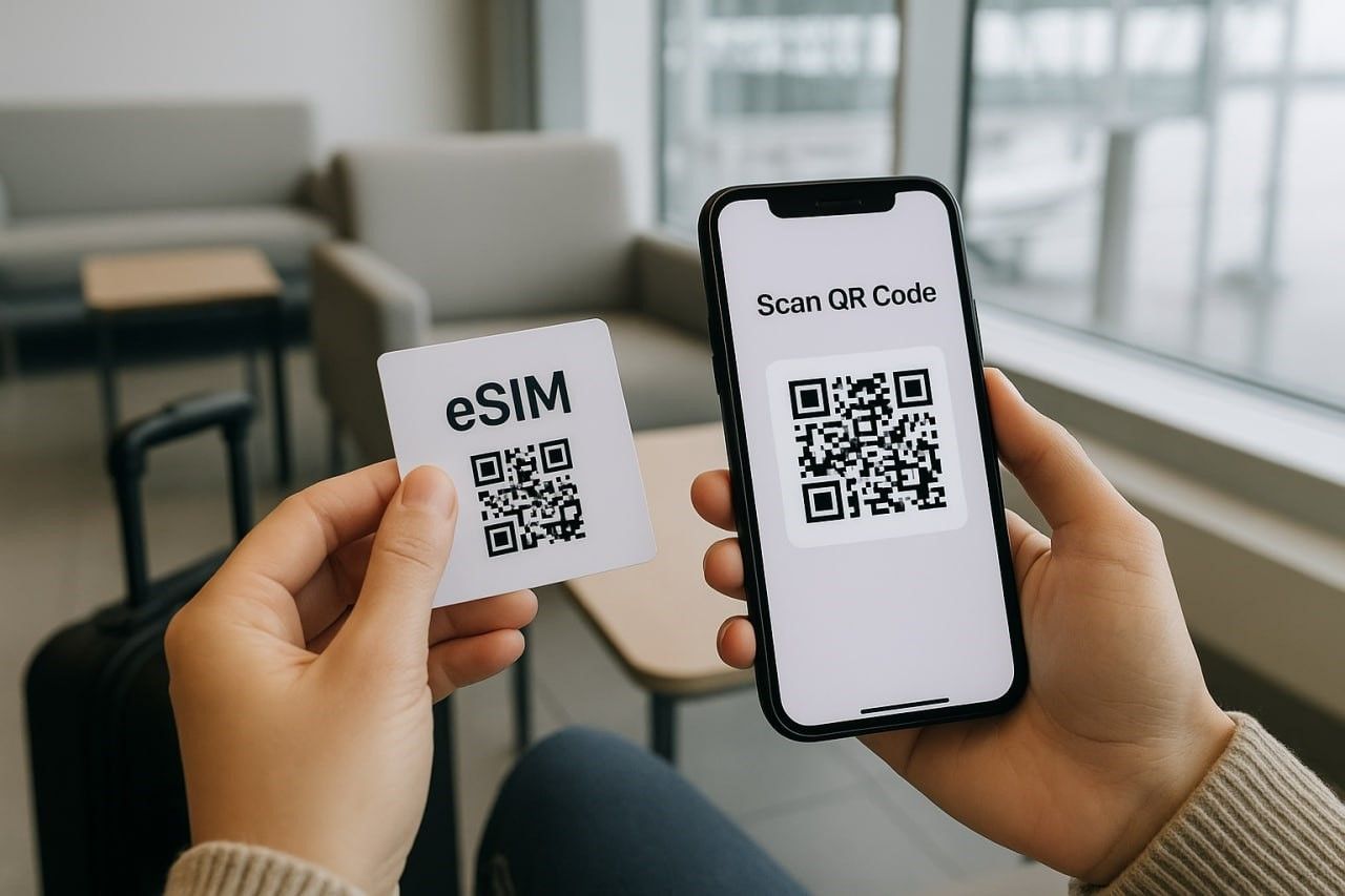 An image showing a traveler installing an eSIM by scanning a QR code
