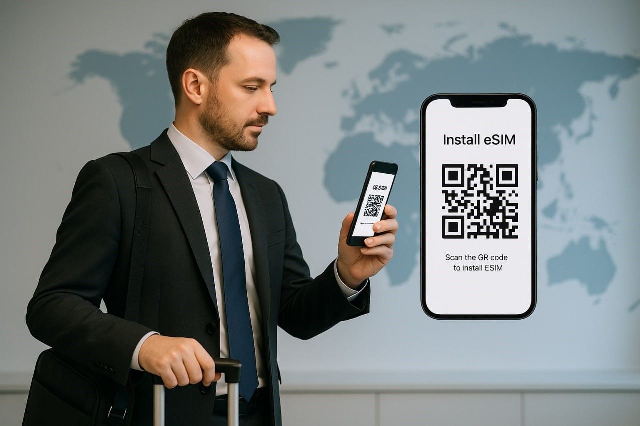 A business traveler scanning a QR code eSIM installation screen on a smartphone