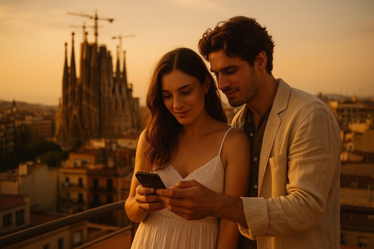 A couple on a rooftop overlooking La Sagrada FamĂlia while checking their phone for eSIM setup