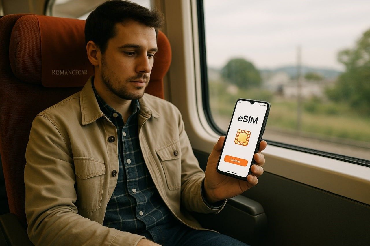 A traveler seated on the Romancecar using a smartphone with a digital eSIM screen