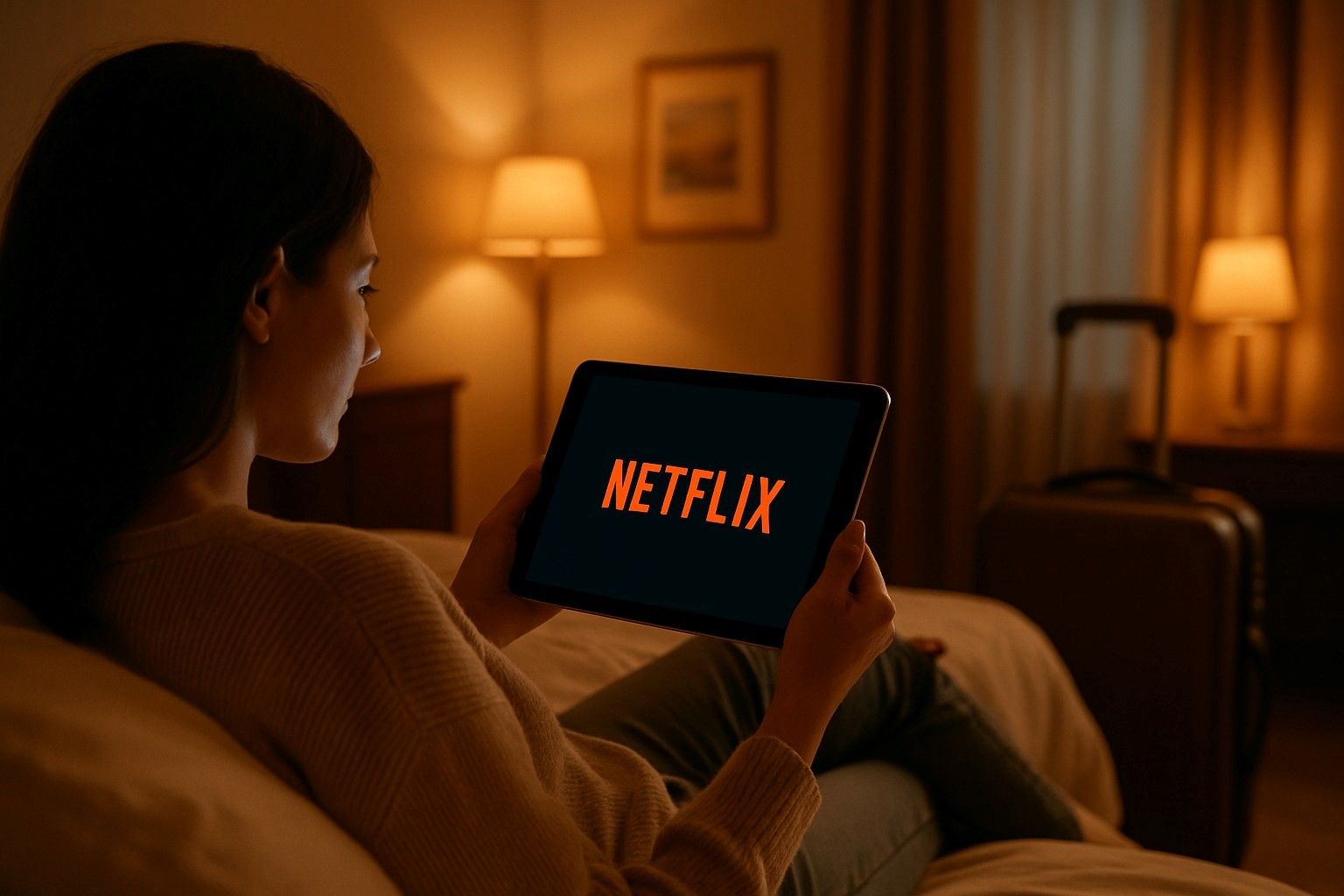 A digital traveler streaming Netflix on a tablet in a cozy hotel room, symbolizing reliable eSIM connectivity and entertainment.