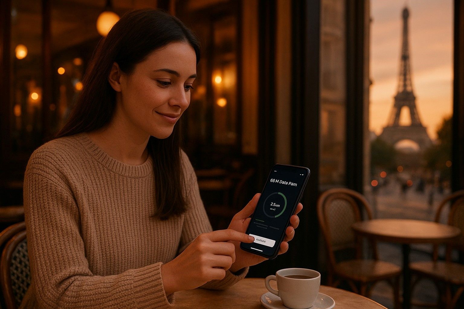 Traveler in a Paris café checking eSIM data plan on smartphone