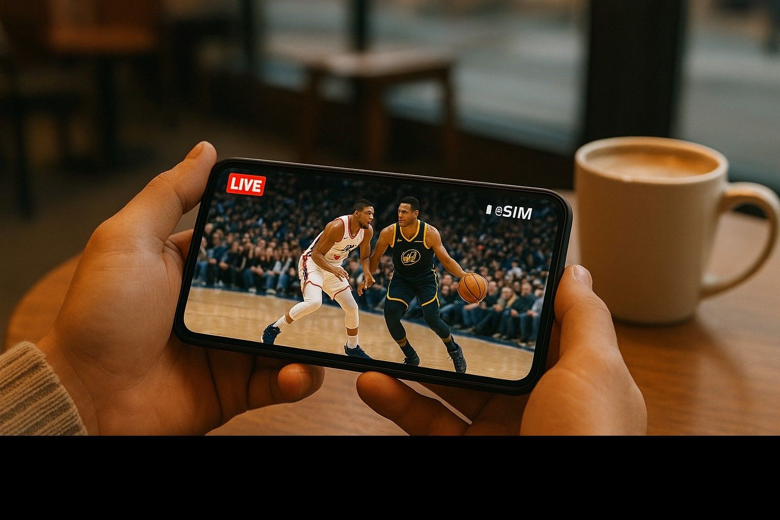 Close-up of a smartphone screen showing live NBA streaming with stable eSIM data connection