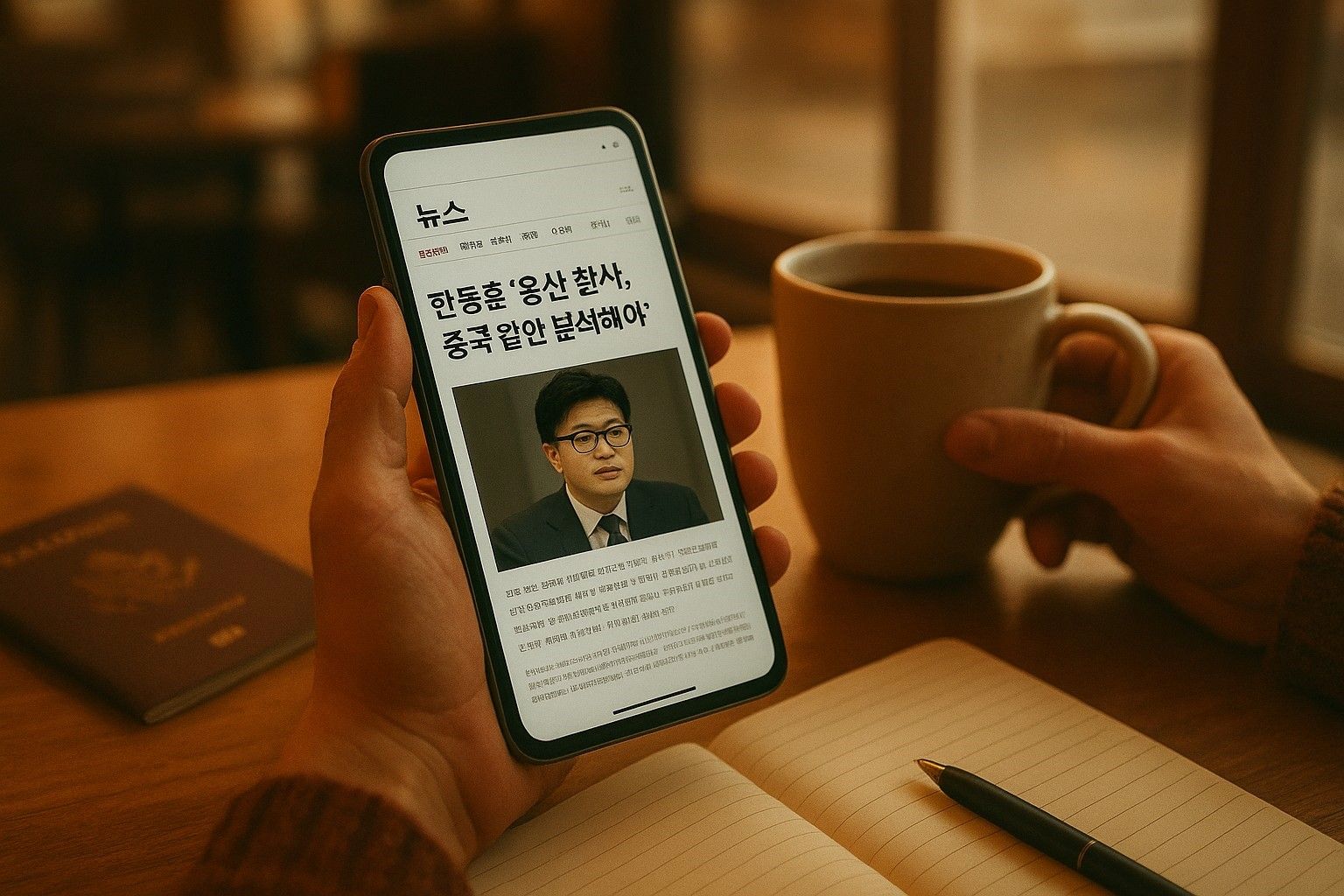 Close-up smartphone streaming Korean political news in cozy café