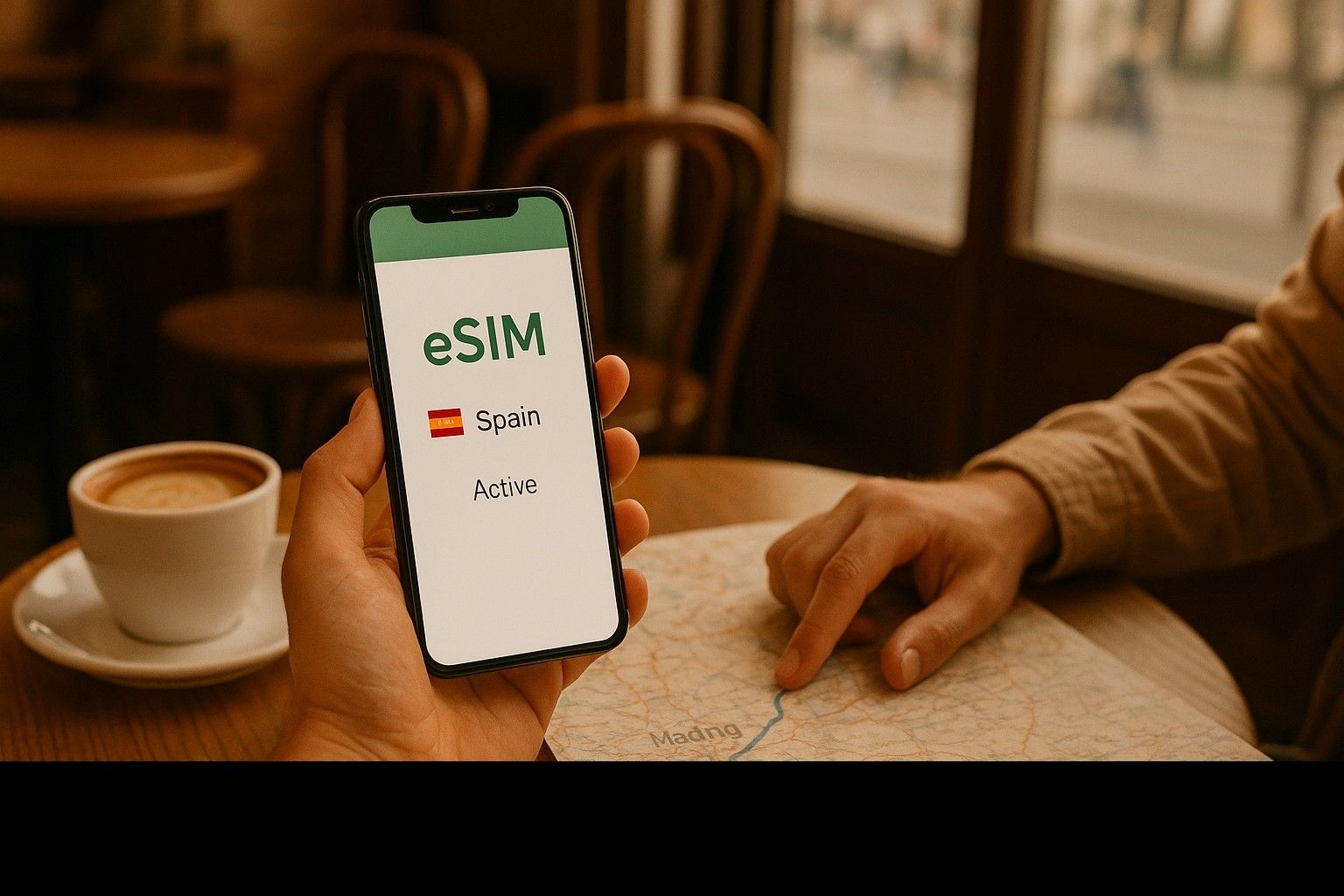 Smartphone showing active Spain eSIM profile inside Madrid café