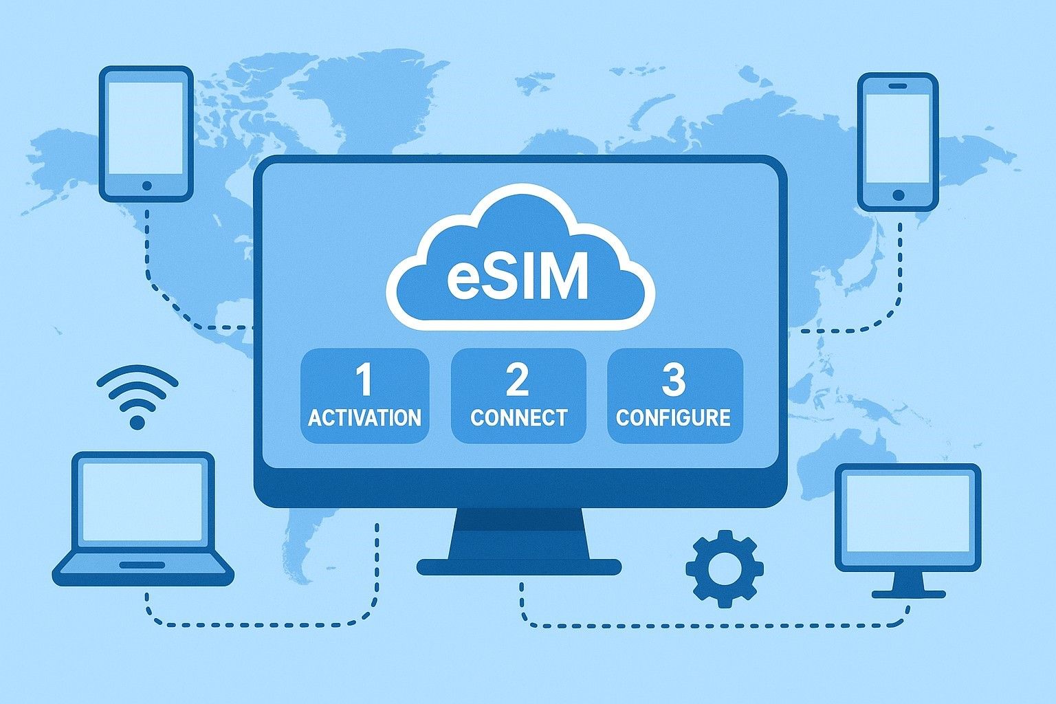 Modern digital illustration showing cloud-based eSIM management dashboard