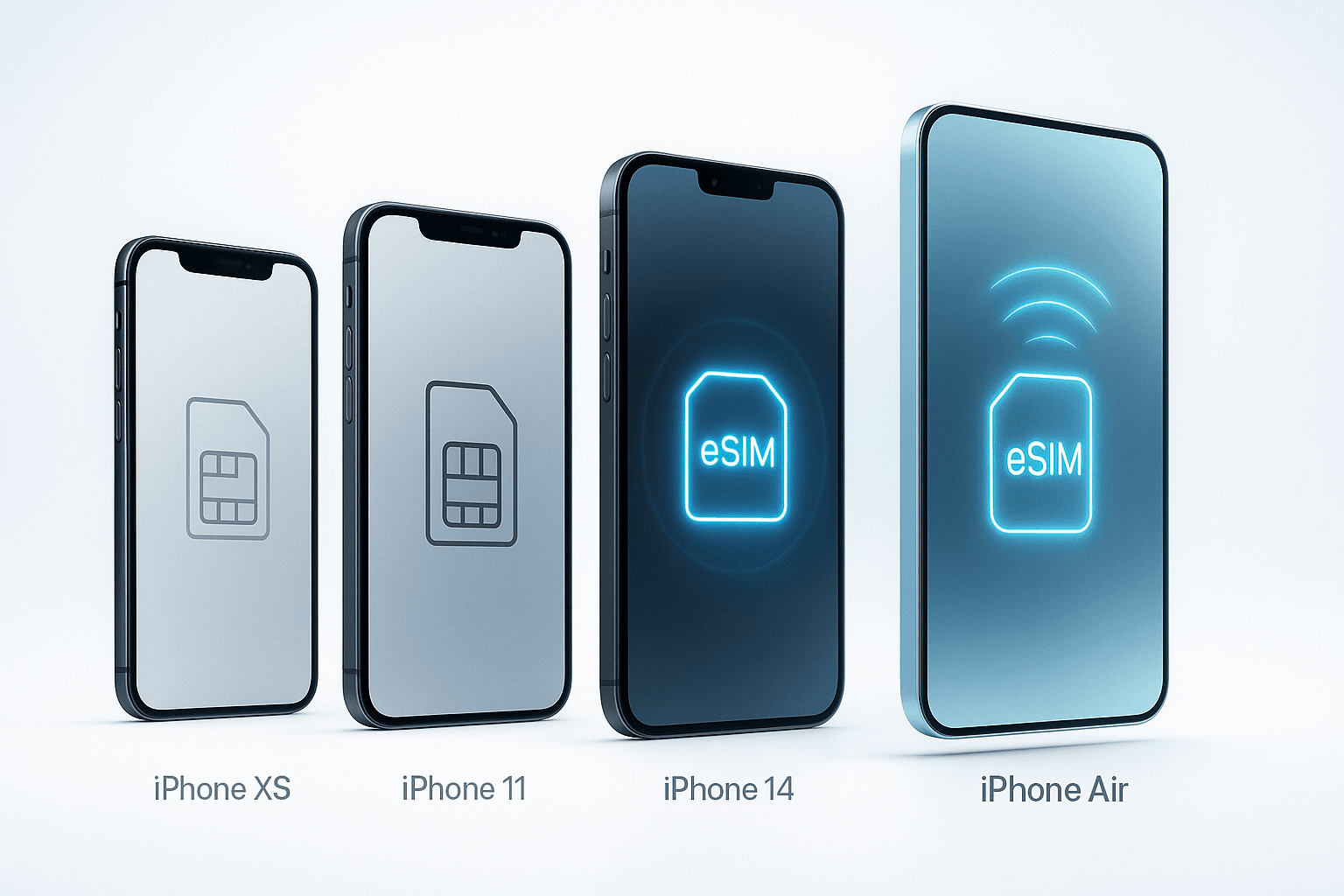 A sleek, futuristic digital illustration of multiple iPhones from different generations (from iPhone XS to the futuristic iPhone Air), arranged in a timeline style.