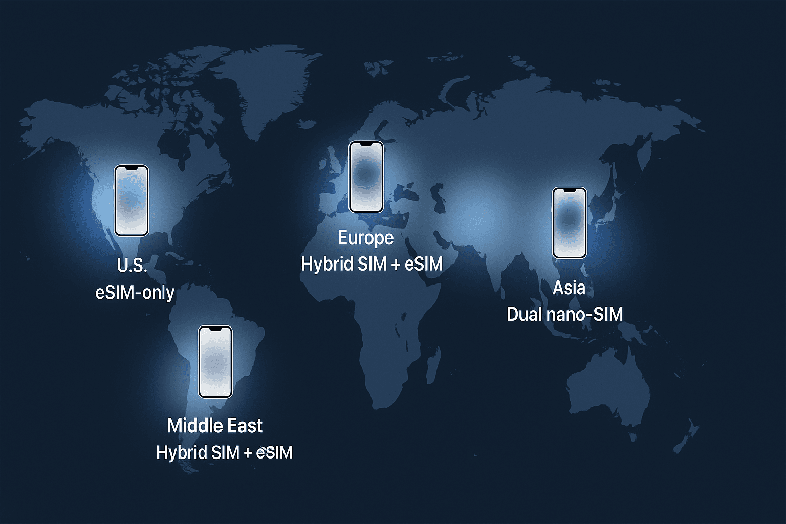 A clean infographic-style illustration showing a world map with glowing regions (U.S., Europe, Asia, Middle East, China) and small iPhone icons placed in each region.