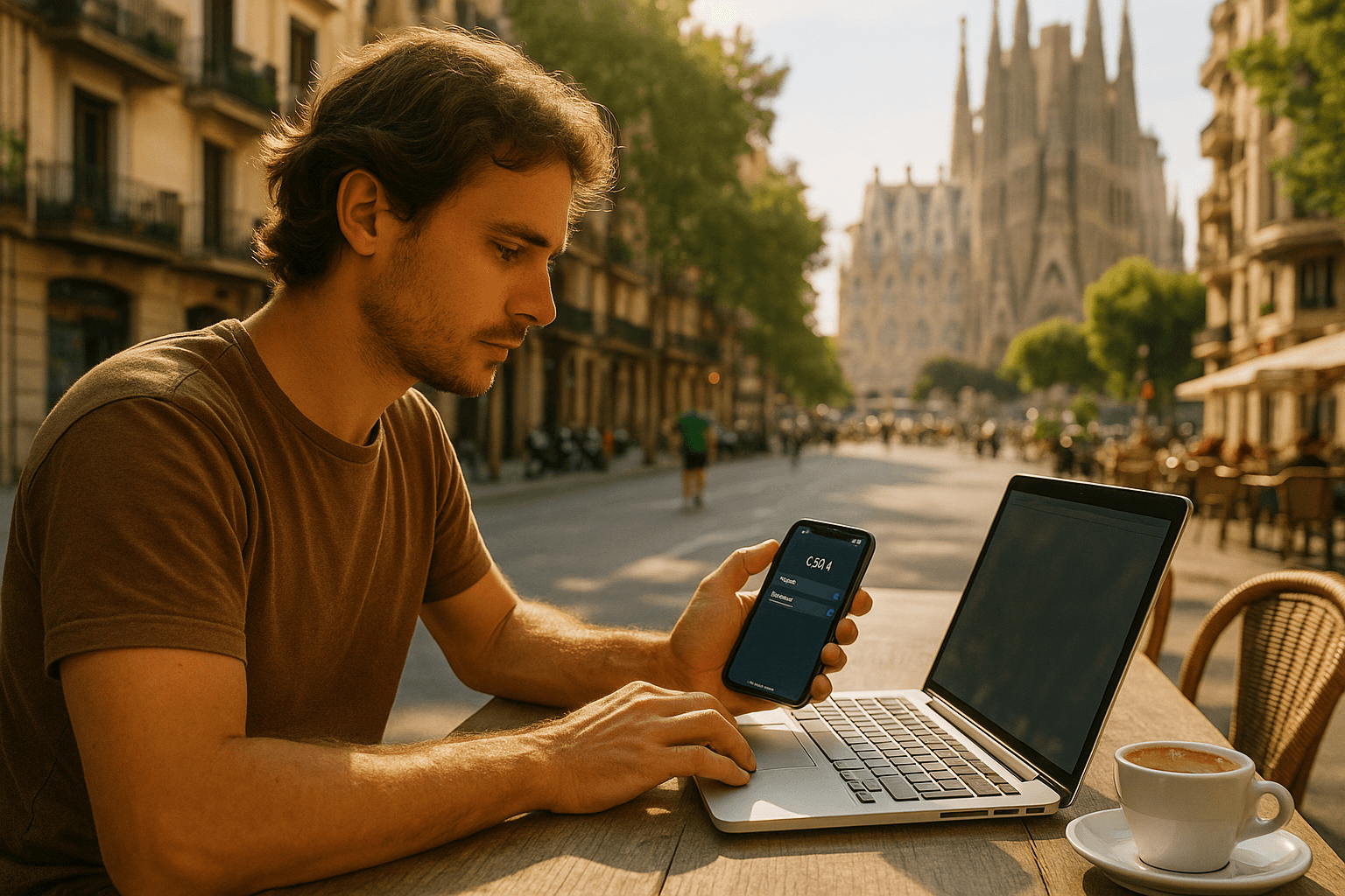 digital nomad working at a café in Barcelona