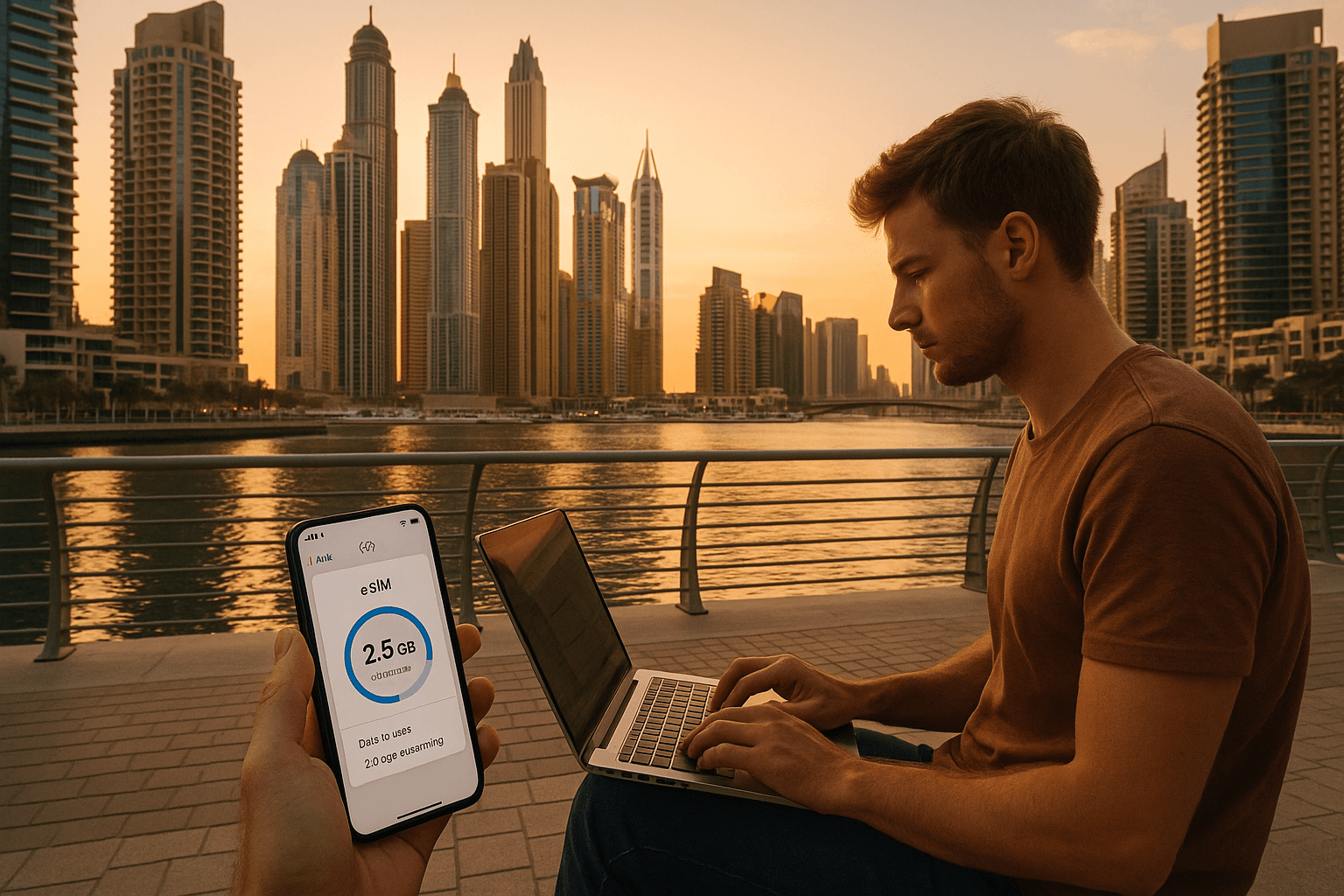 remote worker enjoying esim to connect laptop at Dubai Marina