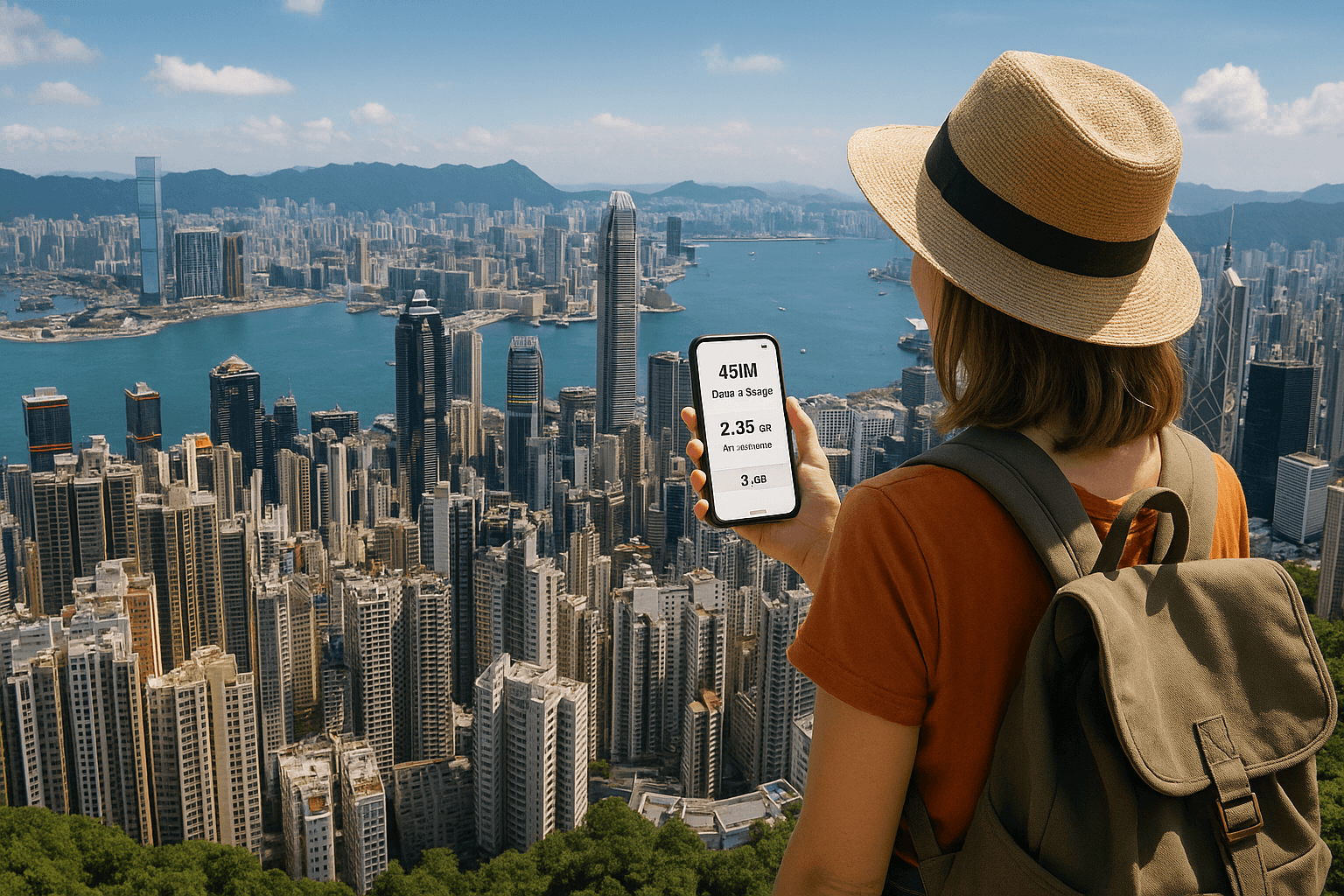 traveler using a smartphone with eSIM in Victoria Peak