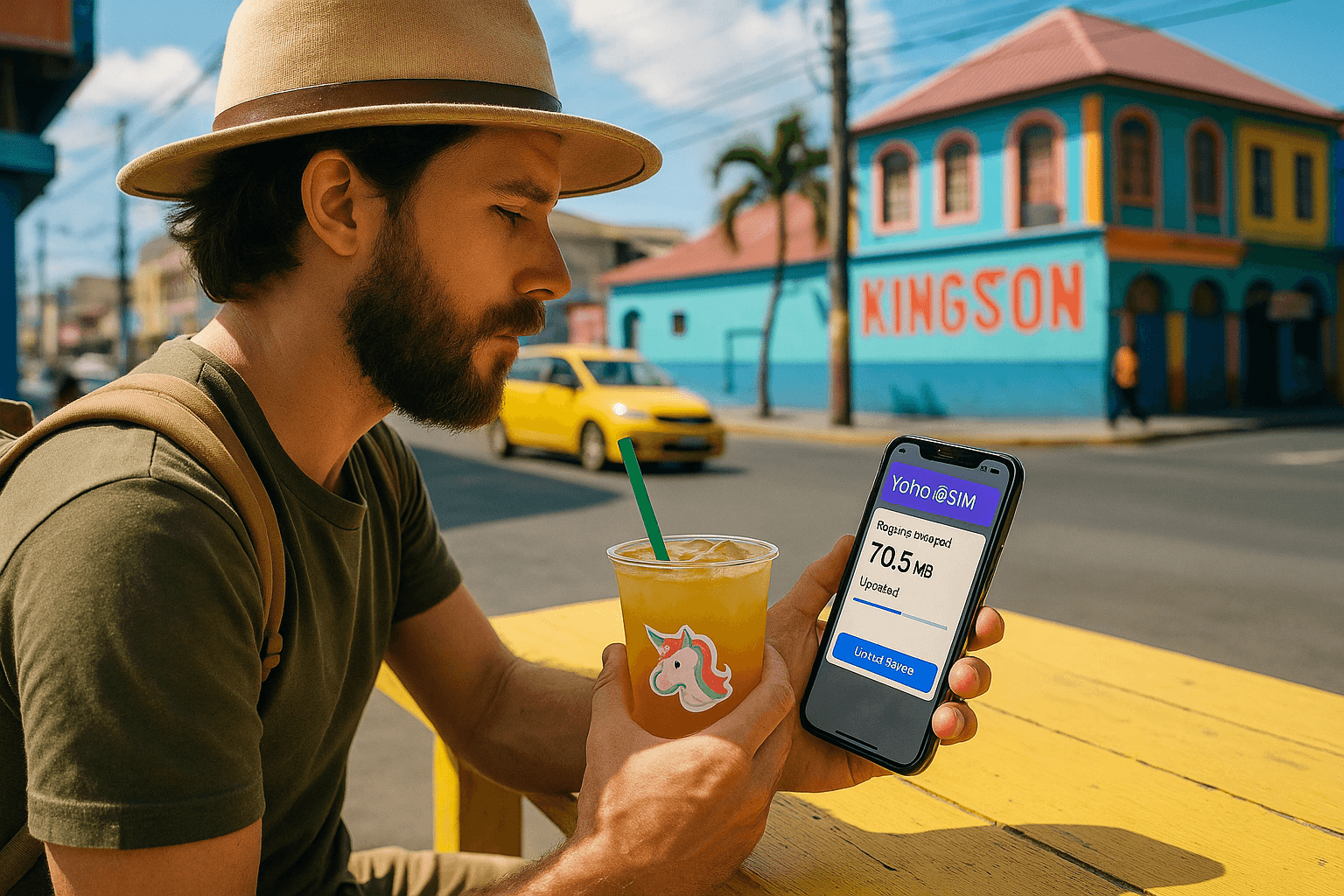 traveler in downtown Kingston using a phone hotspot