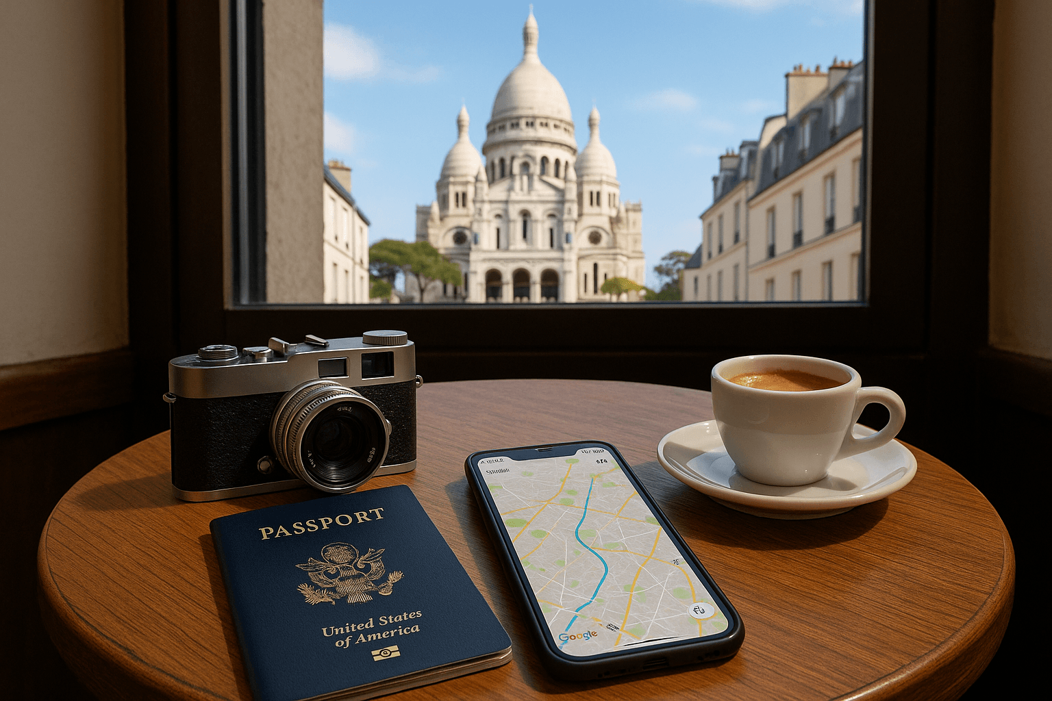 Café table in Montmartre with phone displaying active eSIM map and Sacré-Cœur view