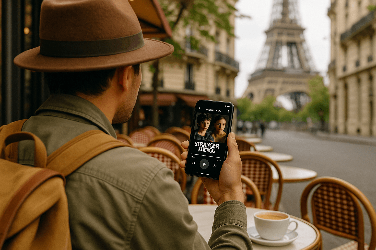 Traveler holding phone with streaming app open in a Paris café