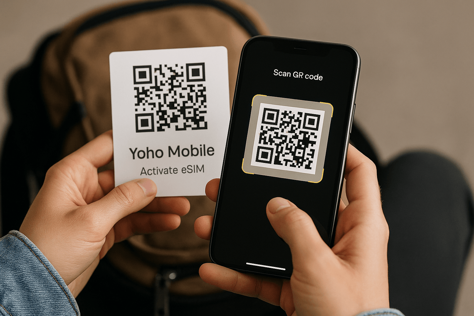 Close-up of a traveler scanning a QR code to activate a Yoho Mobile eSIM on their smartphone