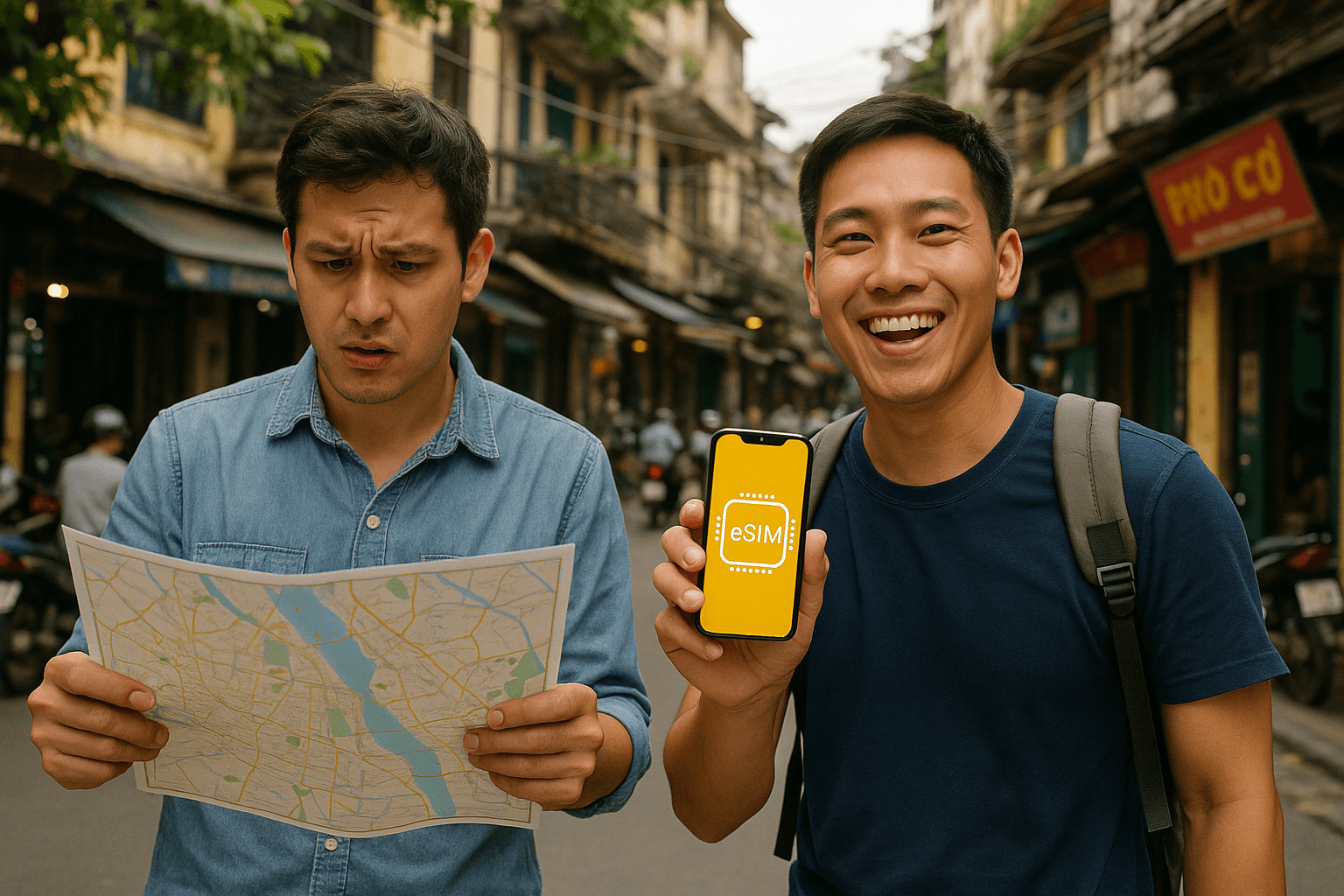 Traveler using maps with eSIM in Hanoi