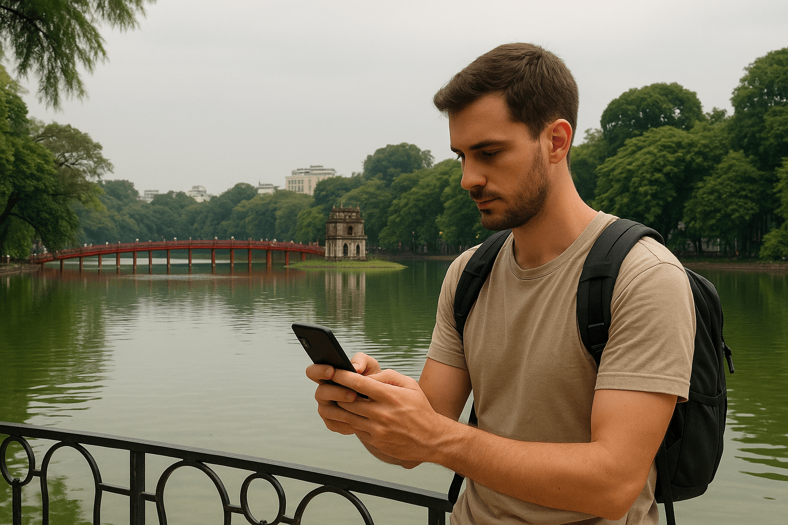 Traveler using mobile data at Hoan Kiem Lake